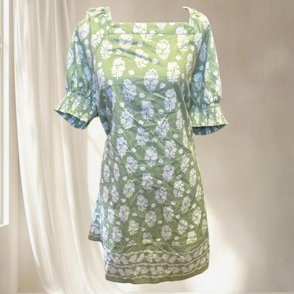 100% Cotton Boho Cottage Prairie Block Print Green Floral Mini Dress